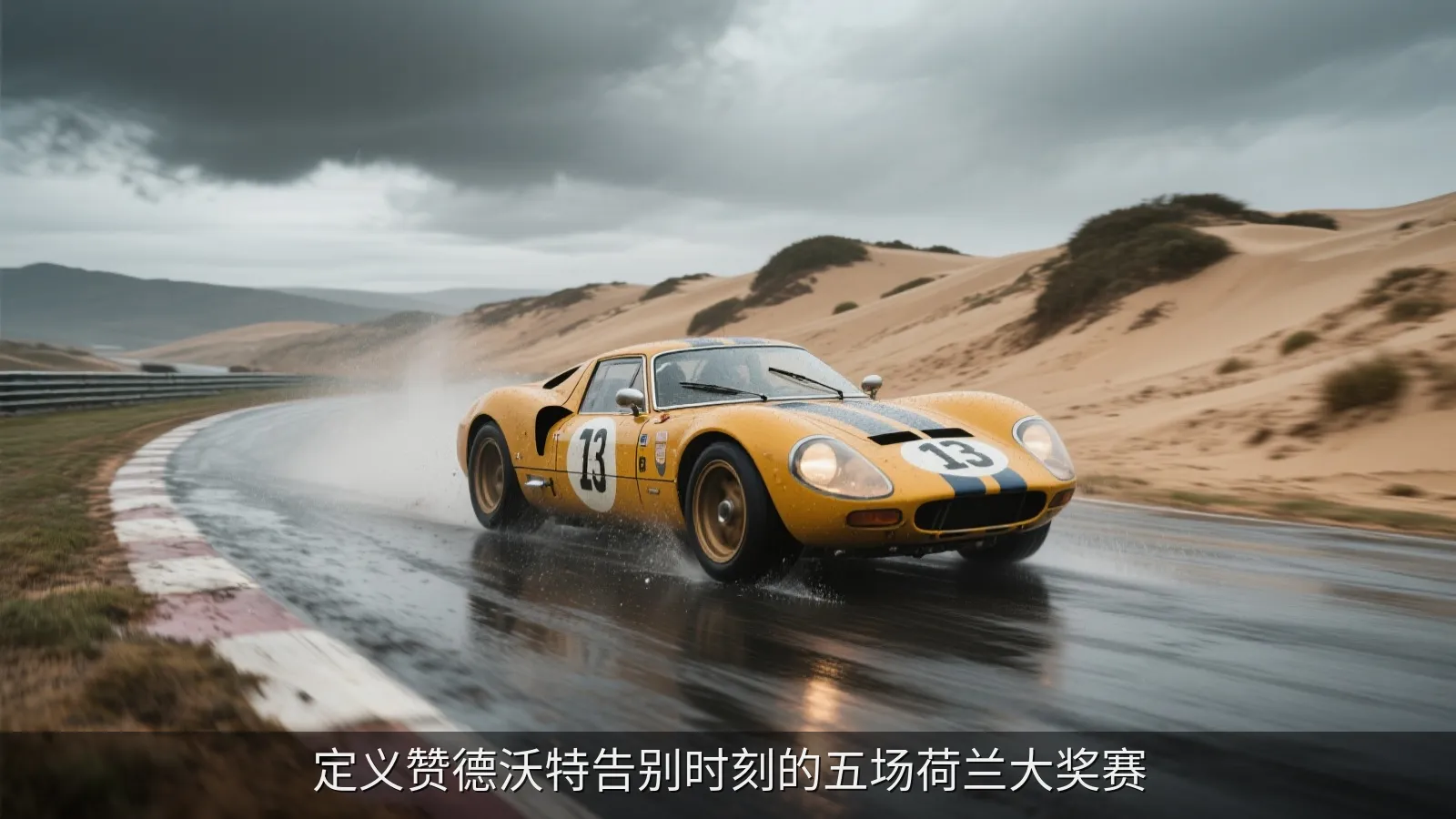 1970年代开放式赛车在湿滑沙丘赛道上飞驰的场景